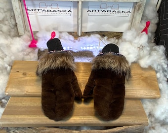 City Mittens in Recycled Fur and Leather, Les Adrienne Collection Ruban Rose Size Medium