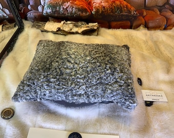 Recycled fur cushion – leather & embroidery, unique piece handmade in Quebec