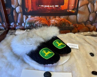 Men's Pierrette Slipper, Size 10 – Italian Sherling & Recycled Leather, Unique Handmade Piece from Quebec, John Deer Edition