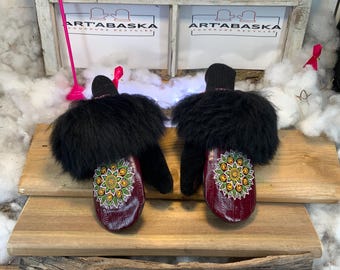City Mittens in Recycled Fur and Leather, Les Bernadette Collection Ruban Rose Size Medium