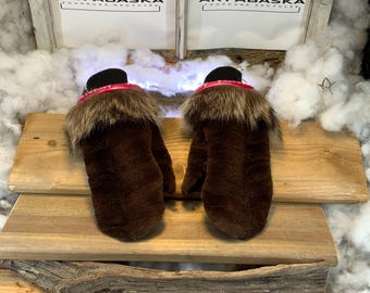City Mittens in Recycled Fur and Leather, Les Lorraine Collection Ruban Rose Size Medium