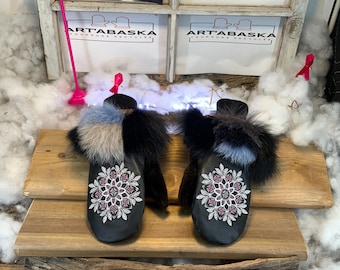 City mittens in recycled fur and leather, Les Mathilde Collection Ruban Rose Size Medium
