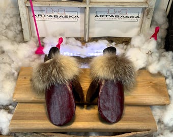 City mittens in recycled fur and leather, Les Jacqueline Collection Ruban Rose Size Medium