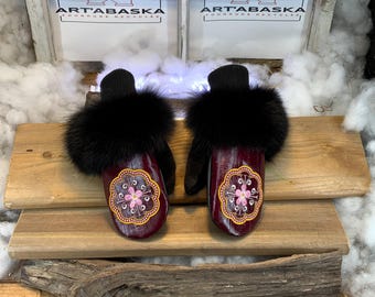 City mittens in recycled fur and leather, Les Orianna Collection Ruban Rose Size Small
