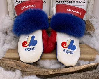 Recycled leather and fur mittens, Montreal Expos edition. Les Mathilde. Size X-Large