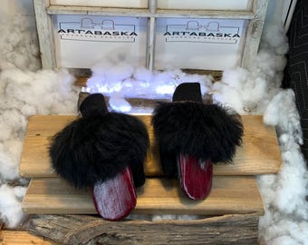 City mittens in recycled fur and leather, Les Jeanne Collection Ruban Rose Size Small