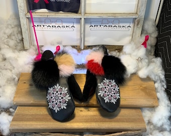 City mittens in recycled fur and leather, Les Berthe Collection Ruban Rose Size Large