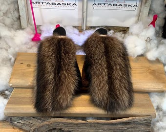 City mittens in recycled fur and leather, Les Lise Collection Ruban Rose Size Medium