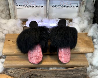 City mittens in recycled fur and leather, Les Marie Collection Ruban Rose Size Small