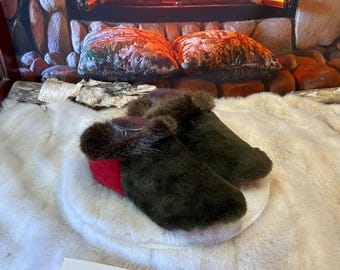 Women's size 7 Raymonde slippers – Italian sherling & recycled leather, unique handmade piece from Quebec