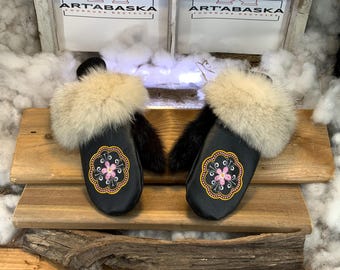 City mittens in recycled fur and leather, Les Lucile Collection Ruban Rose Size Medium