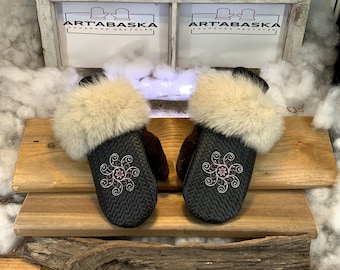 City Mittens in Recycled Fur and Leather, Les Denise Collection Ruban Rose Size Medium