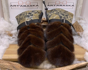 Mittens in fur and leather, new and recycled. The Alice. Edition les chevrons. Size Large