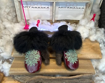 City mittens in recycled fur and leather, Les Céline Collection Ruban Rose Size Medium