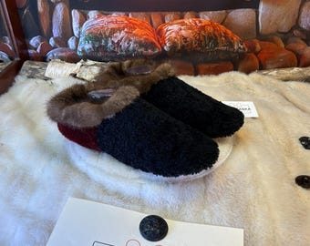 Monique Men's Slipper, Size 11 – Italian Sherling & Recycled Leather, Unique Handmade Piece from Quebec