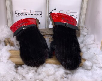 Recycled fur and leather mittens, Les Mauricette. Size X-Large