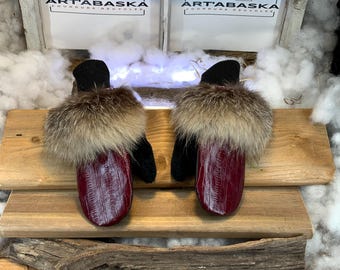 City mittens in recycled fur and leather, Les Danielle Collection Ruban Rose Size Small