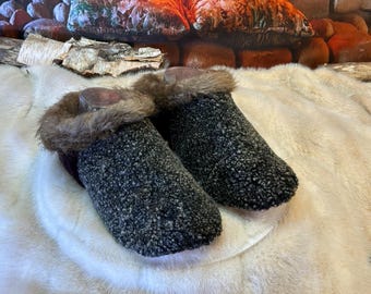 Sylvianne women's size 8 slippers – Italian sherling & recycled leather, unique handmade piece from Quebec