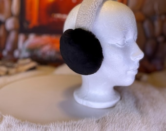 All-recycled fur earmuffs, natural dark brown recycled beaver sheared fur and sheared sheepskin on the head, Les Noella
