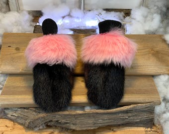 City mittens in recycled fur and leather, Les Raymonde Collection Ruban Rose Size Small