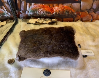 Recycled fur cushion – leather & embroidery, unique piece handmade in Quebec