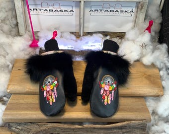 City Mittens in Recycled Fur and Leather, Les Bernadette Collection Ruban Rose Size Medium