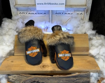 Danielle Harley Davidson Women's Mittens Medium | Black Leather Embroidered Orange-White & Coyote | Unique Winter Mittens Handmade Quebec