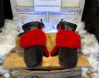 Estelle Medium mittens sheared sheep gray brown charcoal fox bright red Italian leather red and black recycled handmade Quebec unique