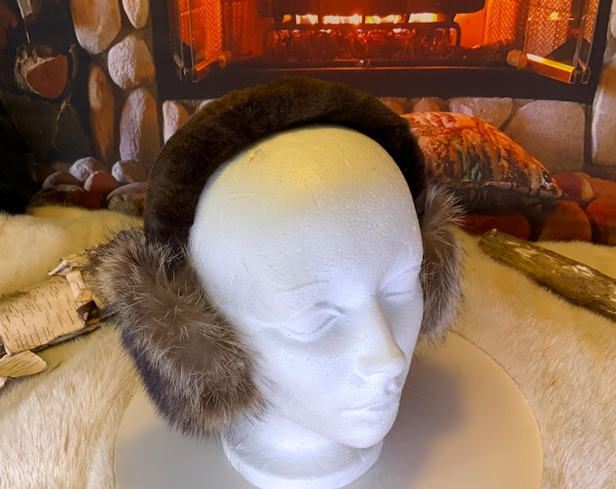 Featured listing image: Earmuffs made entirely of recycled fur, Pink Ribbon Collection edition. Brown fur on the top of the head.