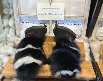 Recycled fur mittens, Italian leather, handmade in Quebec, Small Yolande, artistic, unique piece