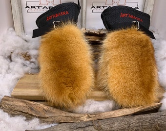 Marie Paule Mittens Large raccoon dyed beige brown pale black leather embossed chevron and recycled red leather handmade Quebec