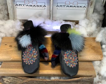 City mittens in recycled fur and leather, Les Antoinette Collection Ruban Rose Size Medium