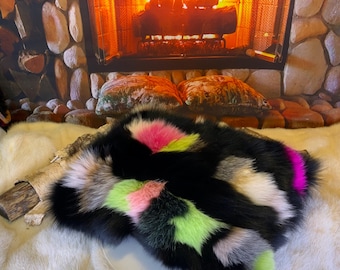 Decorative cushion in recycled fur Patchwork Fox Collection Ruban Rose