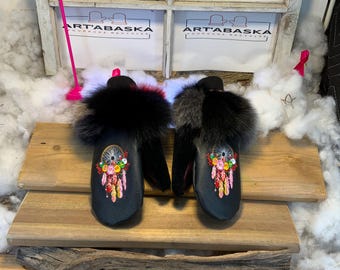 City mittens in recycled fur and leather, Les Laurette Collection Ruban Rose Size Large