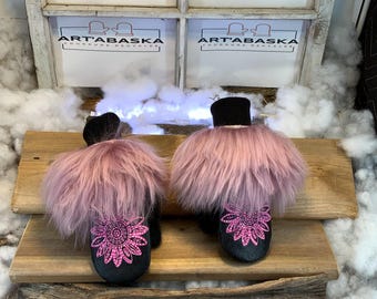 City mittens in recycled fur and leather, Les Gisèle Collection Ruban Rose Size Small