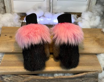 City mittens in recycled fur and leather, Les Gisèle Collection Ruban Rose Size Small