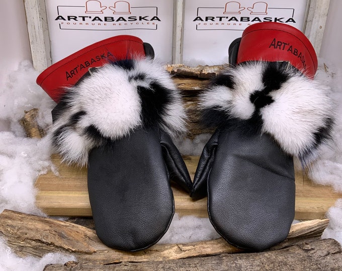 Recycled fur and leather mittens, Les Cécile. Size X-Large