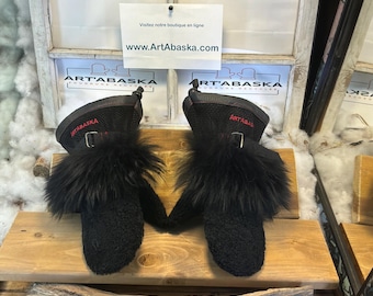 Danielle Medium Mittens, Black Recycled Fur, Italian Leather, Handmade in Quebec, Black Panther