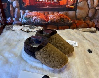 Gaétane women's size 10 slippers – Italian sherling & recycled leather, unique handmade piece from Quebec