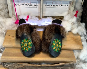 City mittens in recycled fur and leather, Les Rita Collection Ruban Rose Size Medium