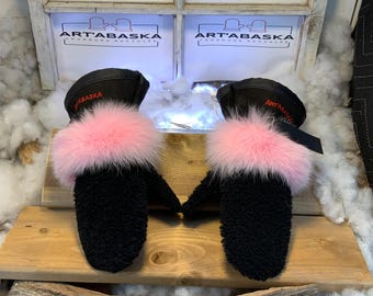Recycled fur and leather mittens, Les Floriane Medium size