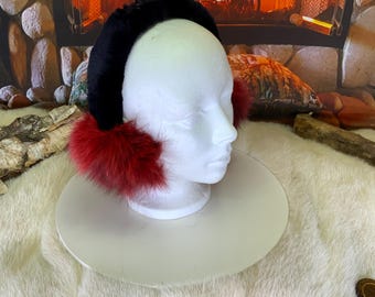 All-recycled fur earmuffs, Recycled red dyed fox edition, sewn in pieces Les Nicole