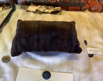 Recycled fur cushion – leather & embroidery, unique piece handmade in Quebec