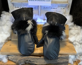 Recycled fur and leather mittens, Les Pierrette Size X-Large