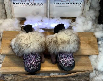 City mittens in recycled fur and leather, Les Monique Collection Ruban Rose Size Small