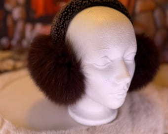 All-recycled fur earmuffs, natural recycled brown fox edition and shaved sheepskin on the head Les Josette