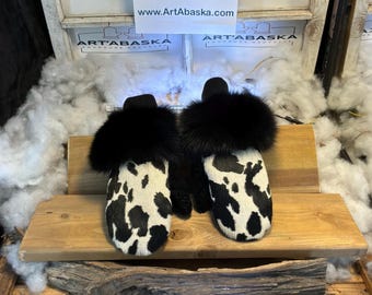 Large Albertine city mittens in recycled fur – Handmade in Quebec – Lightweight, elegant, urban comfort – ArtAbaska