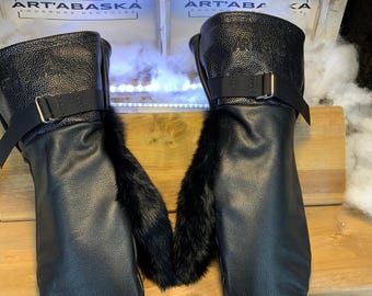 Recycled fur and leather mittens, Les Pierrette Size X-Large