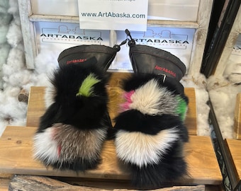 Edith mittens, small patchwork, recycled fur, Italian leather, handmade in Quebec, one-of-a-kind