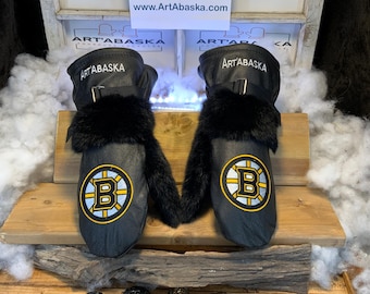 Recycled fur and leather mittens, Les Marguerite Grandeur X-Large Boston Bruins Edition